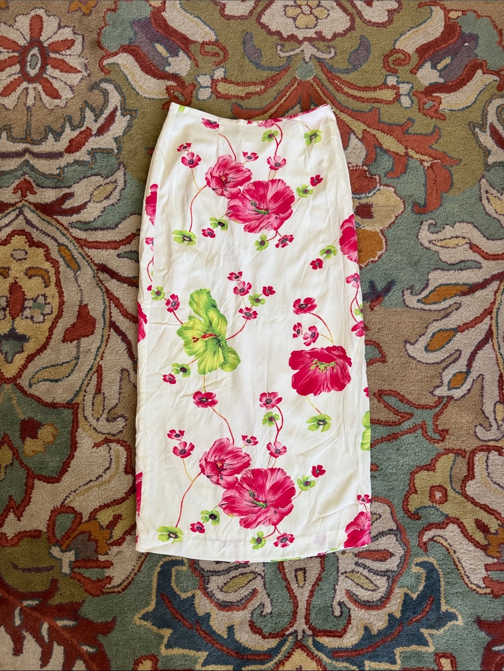 Vintage Espirit De Corp. Floral Midi Pencil Skirt White with Pink & Green